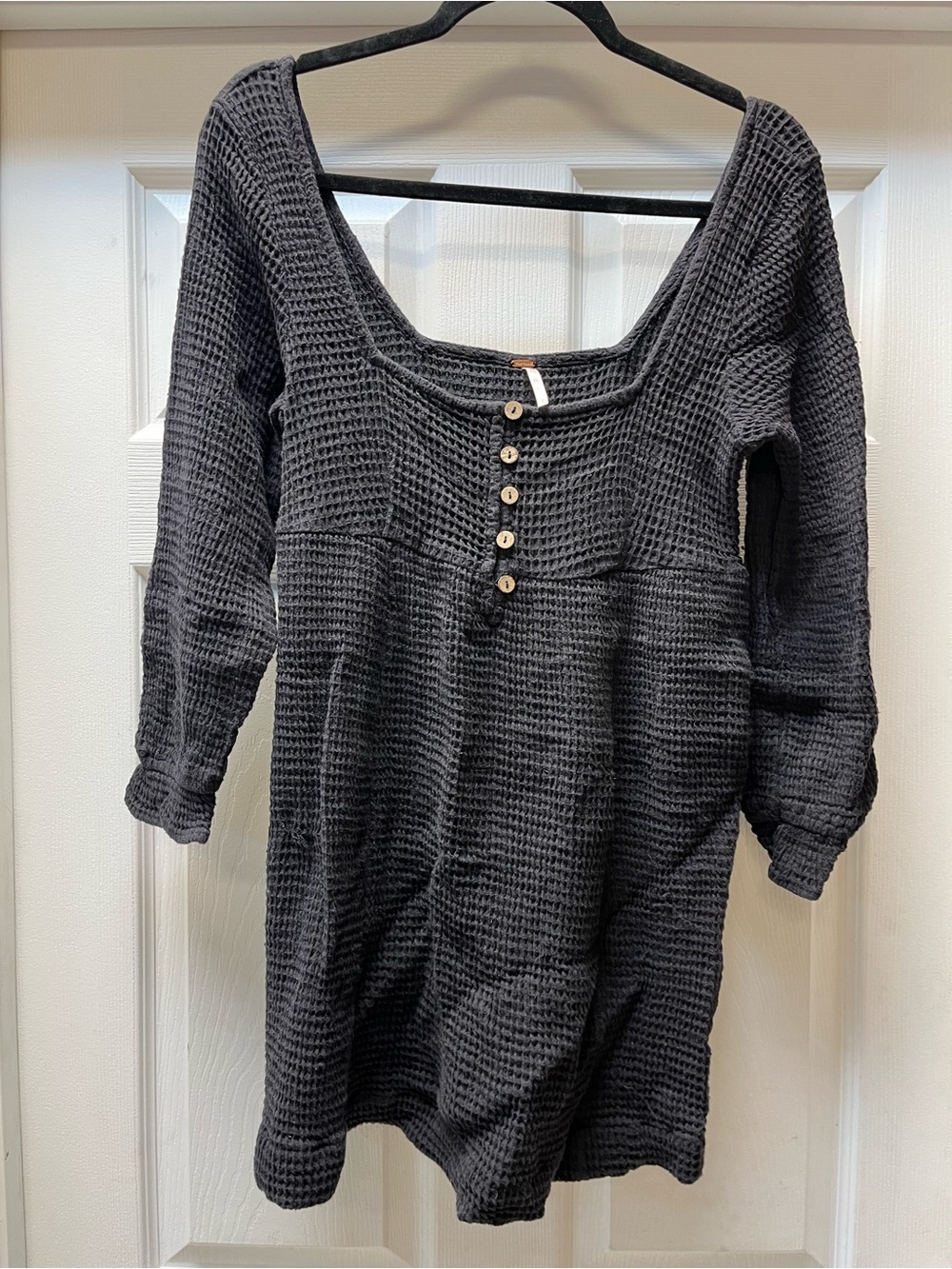 Free People Charcoal Waffle-Knit Mini Dress with Henley Buttons